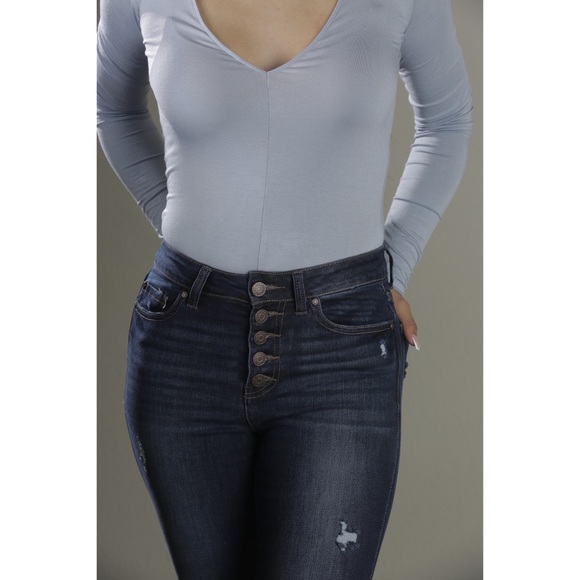Light Blue Long Sleeve V-Neck Bodysuit - Picture 5 of 5